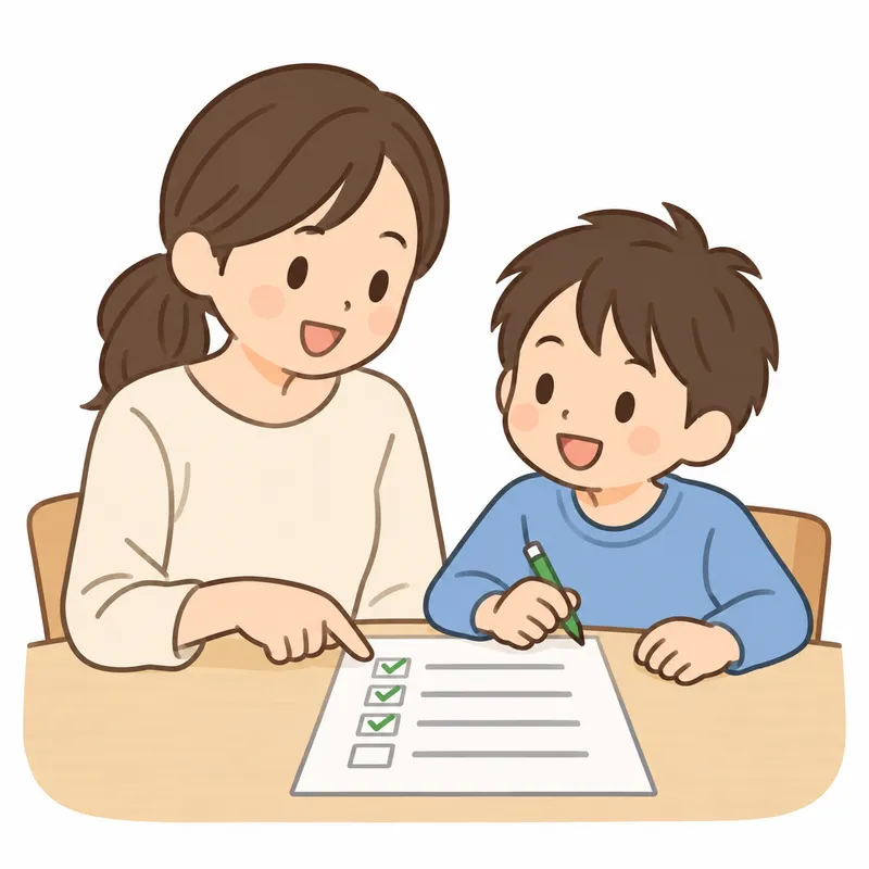 お母さんと子どもが、チェックシートに書き込んでいるイラスト