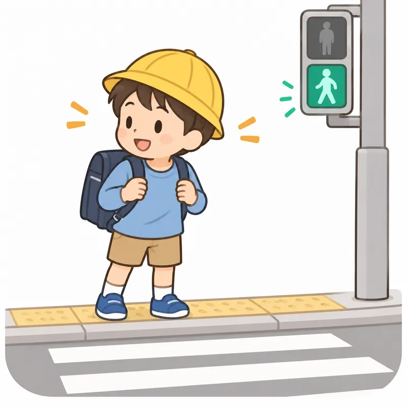 黄色い帽子の子どもが、青信号の横断歩道の前に立っているイラスト