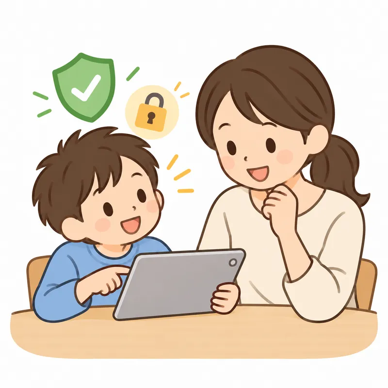 親子でタブレットを見ながら、使い方を話しているイラスト