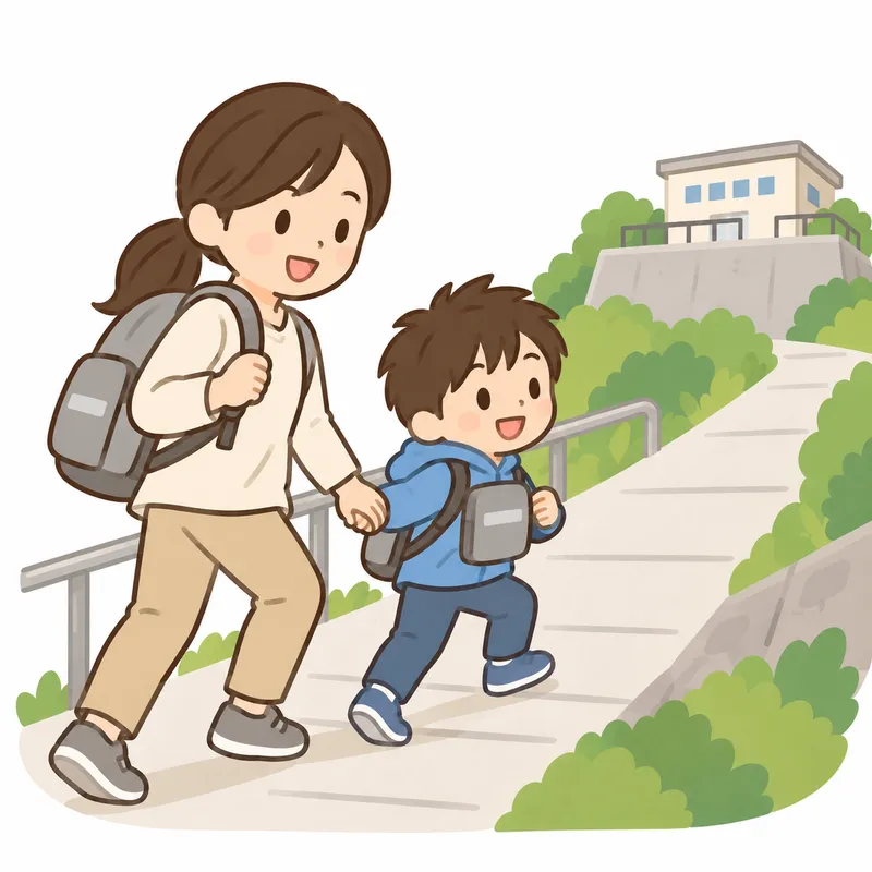 親子がリュックを背負って、坂道を高台へ向かって歩いているイラスト
