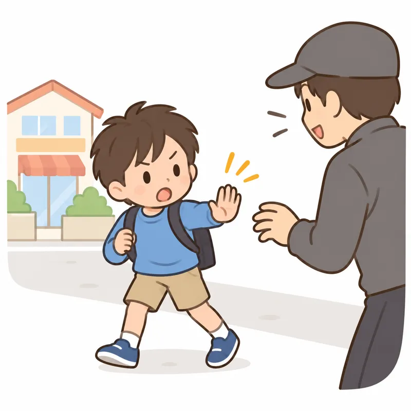 声をかけてきた大人に、子どもが手のひらを向けて断っているイラスト